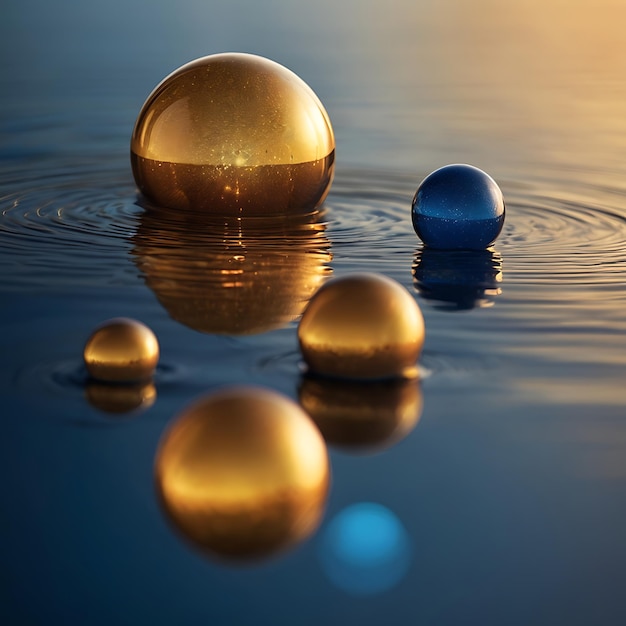 Photo three balls are floating in the water with one being reflected in the water