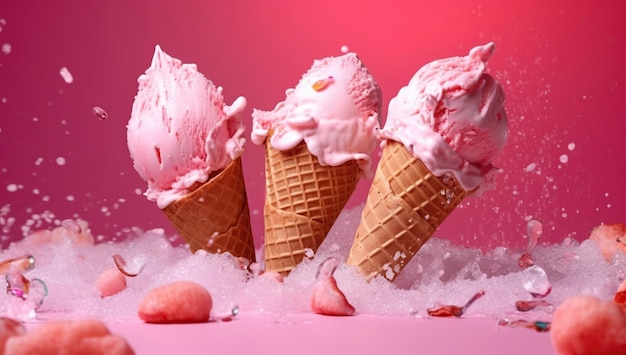 Three balls of delicious strawberry ice cream in wafer cone pink milk splash generative ai