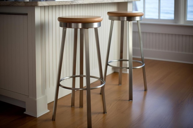 Photo three bar stools that are made by wood