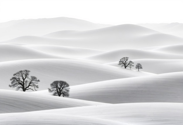 Three bare trees stand in a snowy landscape with rolling hills