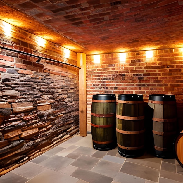 Three barrels in a room with a brick wall and a brick wall.