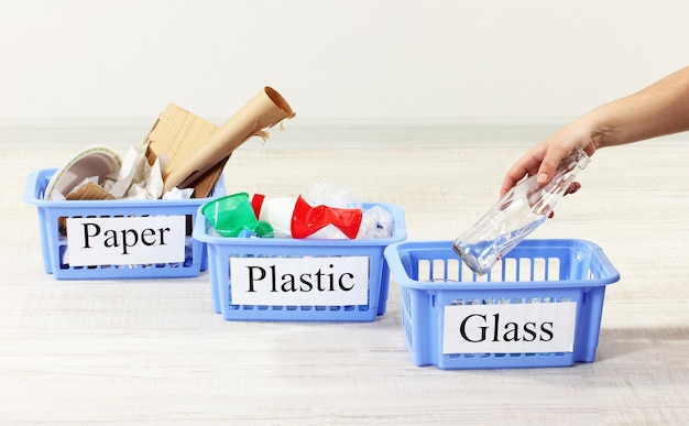 Three baskets of assorted debris on room background