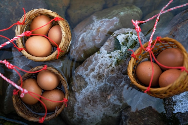 Three baskets of eggs boiled in hot springs Chiang Mai Thailand