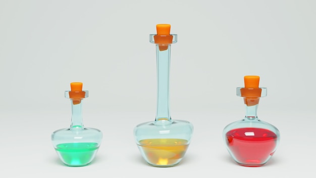 Three beakers with different colored liquids, one of which is red, one of which is green and the other is green.