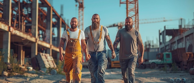 Photo three bearded construction workers with skull faces