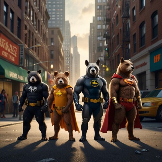 Photo three bears wearing superhero costumes are standing in the street