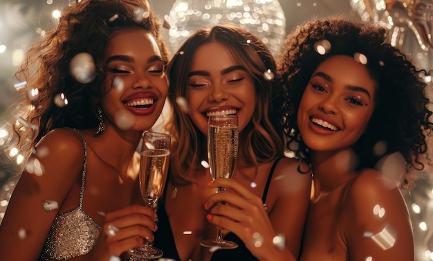 Three beautiful women celebrating with champagne at a glamorous party