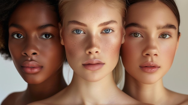 Three beauty female multi ethnic diversity skin healthy models friends