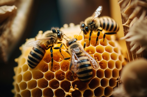 Three bees are working on honeycomb Generative AI