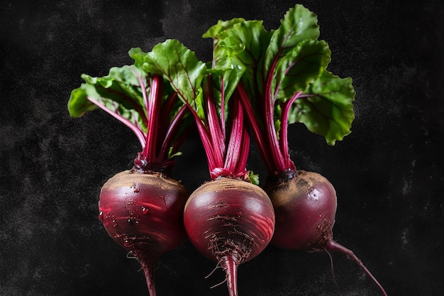 Three beets with green leaves are shown on a black background.