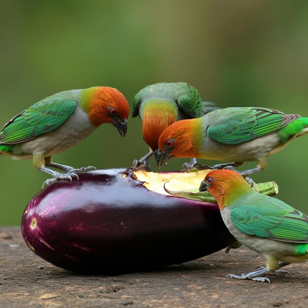 three birds are eating an avocado on a table