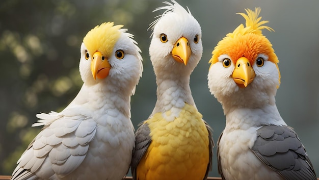 three birds are looking at the camera one has a yellow beak