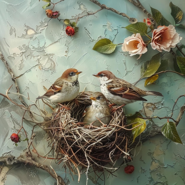 three birds are in a nest with flowers and a baby bird