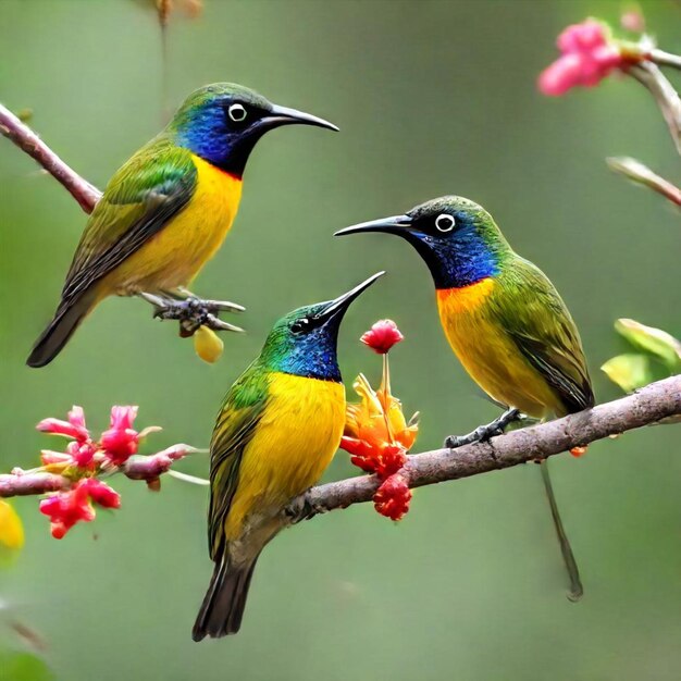 Photo three birds are perched on a branch with pink flowers