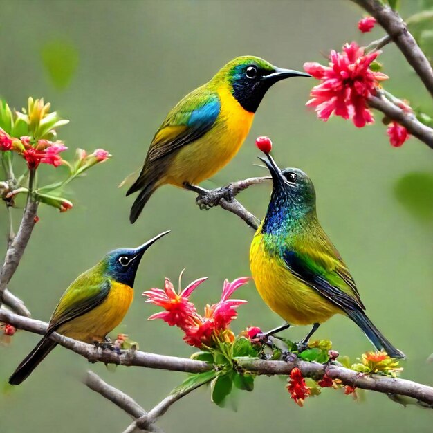 Photo three birds are sitting on a branch with flowers in the background