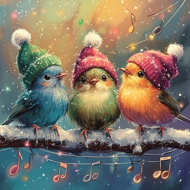 three birds are sitting on a branch with music notes and music notes