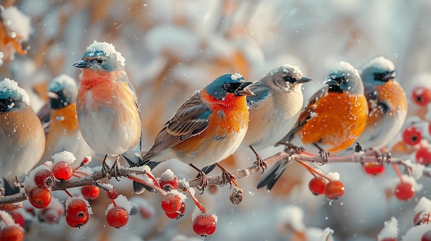 three birds are sitting on a branch with snow on them