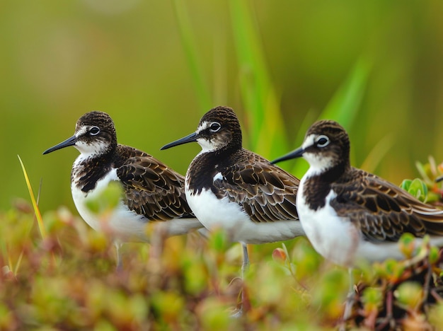 Photo three birds are standing in a field one has a black beak