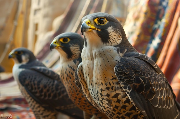 three birds are standing together on a table one of which is yellow and black