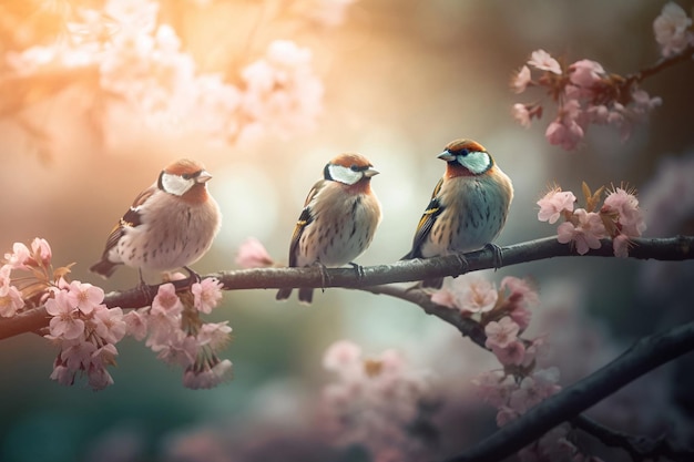 Three birds sit on a branch with cherry blossoms in the background