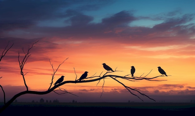 Photo three birds sit on a branch with a sunset in the background