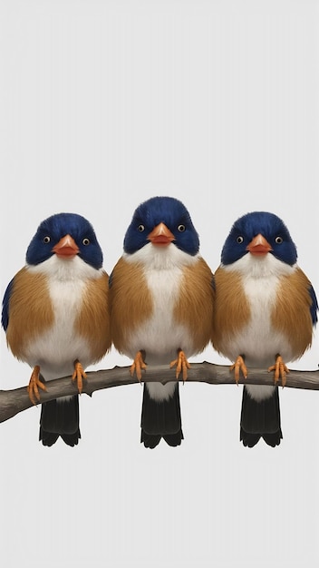 Photo three birds sitting on a branch on a white background 3d illustration