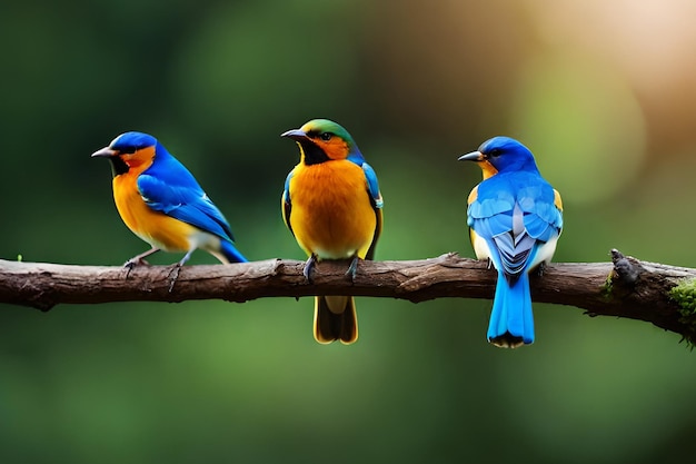 Three birds sitting on a branch with one of them has a blue bird on it.