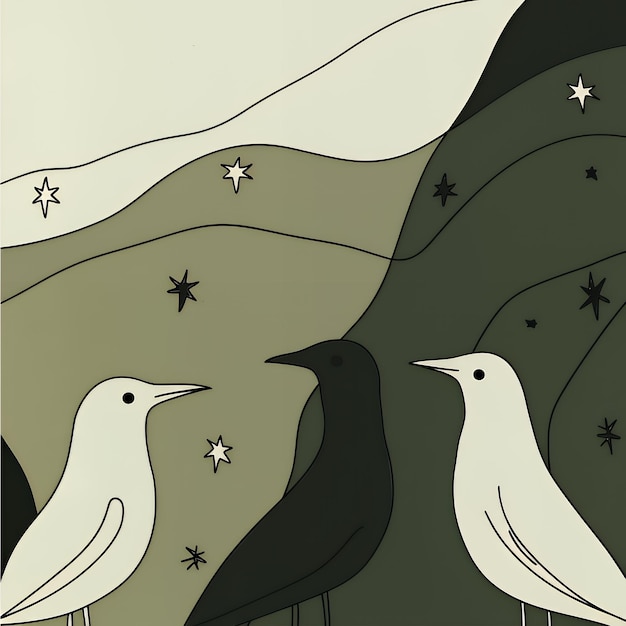 Photo three birds in a starry landscape