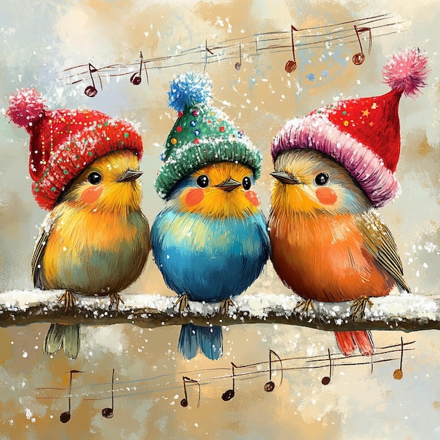 three birds with hats on and one has a musical note on it