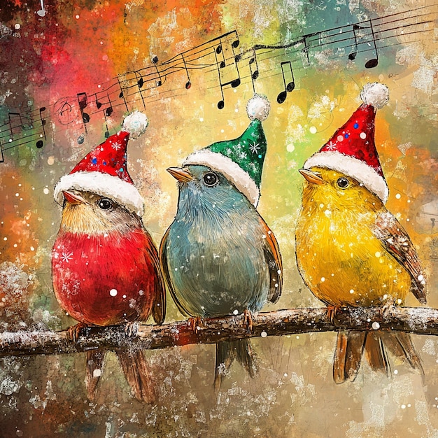 Photo three birds with hats on them are sitting on a branch with music notes