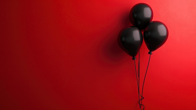 Three black balloons create a striking visual contrast against a vivid red wall evoking a sense of bold minimalism