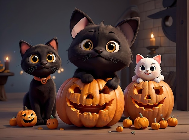 three black cats are sitting in front of pumpkins