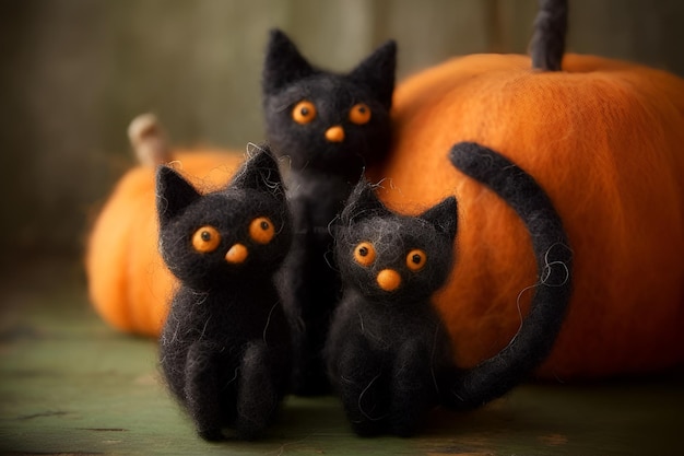 Three black cats sit in front of a pumpkin