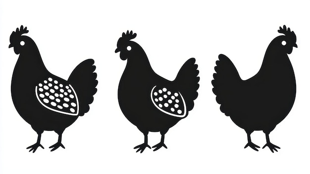 Three Black Chicken Silhouettes Isolated on White