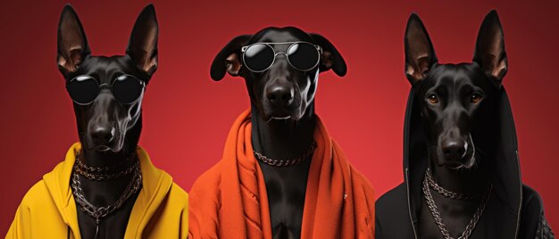 Photo three black dogs in hoodies and sunglasses against red background