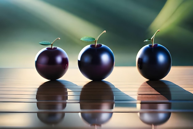 Three black grapes on a table with a green background