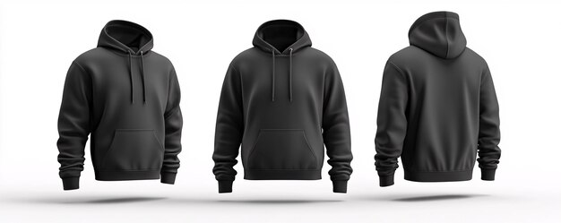 Photo three black hoodie sweatshirts floating on a white background