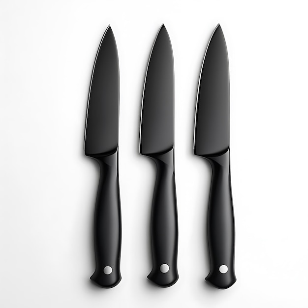 Photo three black kitchen knives on white background