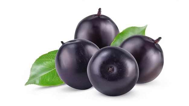 three black plums with leaves on a white background