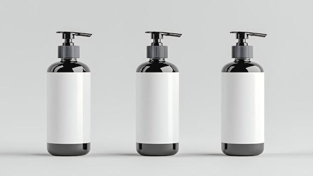 Photo three black pump bottles with blank white labels isolated on a white background