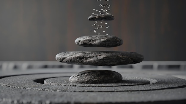 Photo three black stones stacked on a circular platform with a pattern of ripples