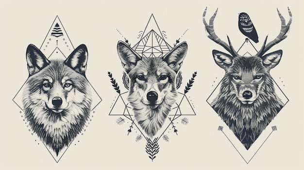 Photo three black and white illustrations of wolf coyote and deer heads with geometric patterns around them