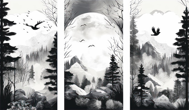 Three black and white paintings of a landscape with a moon and a forest in the background.