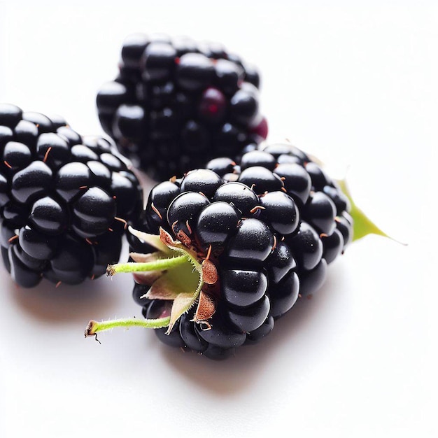 Three blackberries are on a white background with a green stem.