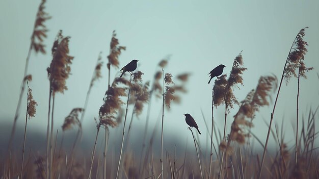 Photo three blackbirds perched on a stalk of wheat against a soft out of focus background