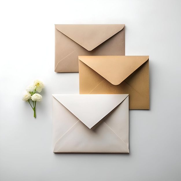 Photo three blank envelopes in different shades of brown and beige arranged in a minimalist composition