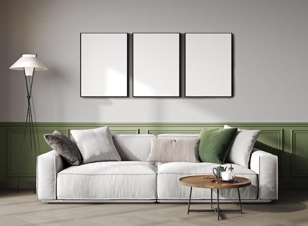 Three blank frames mock up in modern living room interior minimalist style 3d rendering