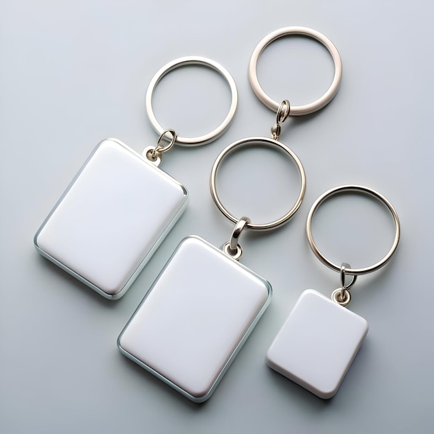 Photo three blank keychains with silver rings and rectangular tags