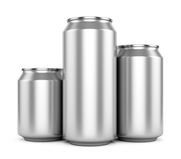 Three blank metallic beer cans isolated on white