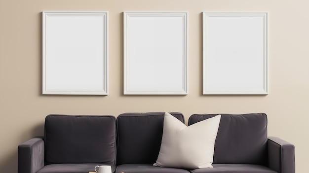 three blank photo frames for mockup in living room